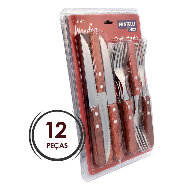 Conjunto de Garfo e Faca Inox 12 Peças Wooden