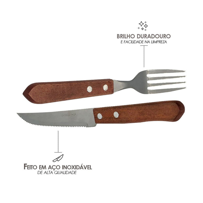 Conjunto de Garfo e Faca Inox 12 Peças Wooden